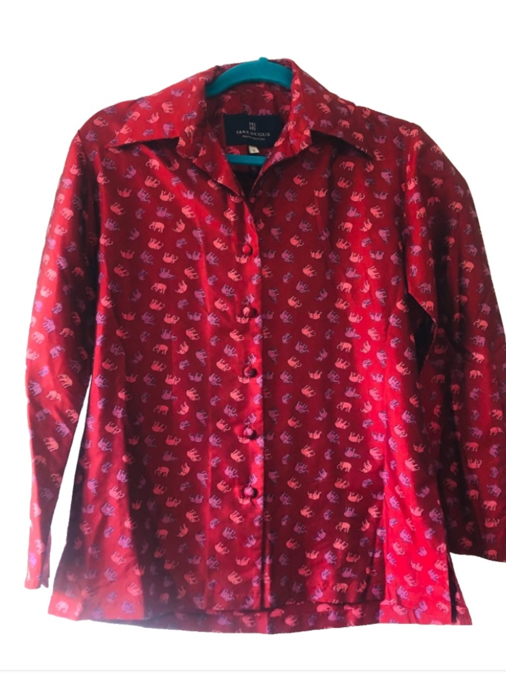 Max Nugus Haute Couture Silk Blouse Women 8 Red Elephant Print Button Front Shir